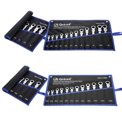 Qnkaa Flexible Ratcheting Wrench Set 24pcs Metric 8-19mm & SAE 1/4” to 7/8“ Inch Flex-Head Spanner Gear Ring Ratchet Combination Wrenches Kit with Pouches