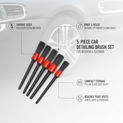 5-Piece Car Detailing Brush Set for Interior Vents, Dashboard Crevices & Wheel Rims - Black PP Plastic Cleaning Tools