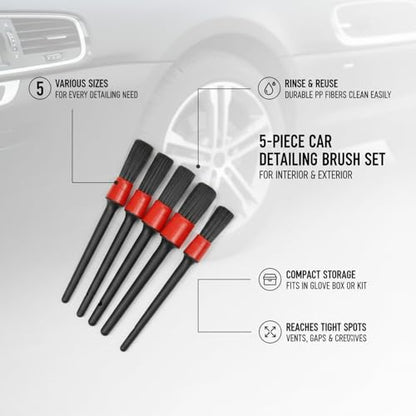 5-Piece Car Detailing Brush Set for Interior Vents, Dashboard Crevices & Wheel Rims - Black PP Plastic Cleaning Tools