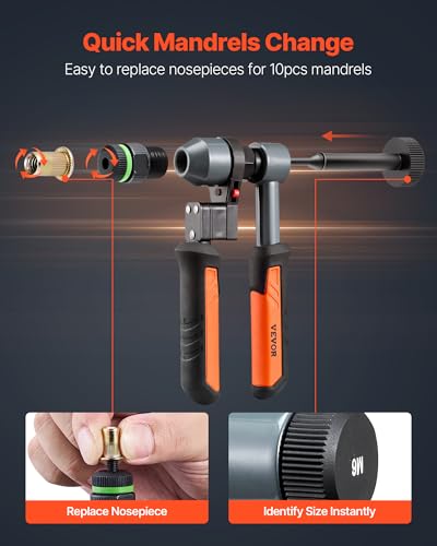 VEVOR Rivet Nut Tool Kit, 9-Inch Ratchet Rivnut Tool Kit, with 10 Mandrels and 100 Nuts, Metric and SAE Size M5, M6, M8, M10, M12, 8-32, 10-24, 1/4-20, 5/16-18, 3/8-16 UNC, with a Rugged Carrying Case - size: 9"-RATCHET, style: RIVET NUT TOOL