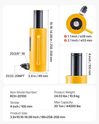 VEVOR 20T 4Inch Hydraulic Cylinder Jack Hollow Single Acting Hydraulic Ram Cylinder 100mm Hydraulic Lifting Cylinders (20T 4Inch Hollow) - size: 20T 4Inch