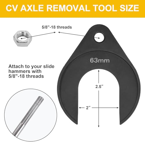 Inner CV Axle Removal Tool 63mm with Nut | Front Wheel Drive CV Axle Puller for Slide Hammers with 5/8"-18 Threads, CV Joint Removal Tool