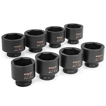Stark USA 8-Pieces Jumbo Impact Stock Set Sizes 3/4" Drive Deep Socket Set SAE (2-1/16, 2-1/8, 2-3/16, 2-1/4, 2-5/16, 2-3/8, 2-7/16, 2-1/2 inch) Storage Case - style: 9 PCS SAE Sockets 26mm to 38mm