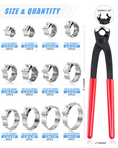 120PCS Hose Clamp Kit – 304 Stainless Steel Single Ear Clamps, 12 Sizes (5.3mm-28.6mm / 3/16"-1-1/8") with Pincer & Case – for Automotive, Plumbing, Farm, Garden, Lawn & Industrial Pipes
