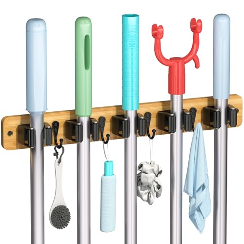 IMILLET Broom Holder Wall Mount, Bamboo Broom Hanger with 5 Racks 4 Hooks, Mop and Broom Holder Wall Mount Self Adhesive, Home Organization and Storage for Laundry Room, Closet, Utility Room - style: Bamboo-5 Slots