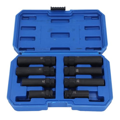 8 Piece Lug Nut Socket Set, Cr Mo Steel Wheel Lock Removal Kit for Twisted Damaged Nuts, Impact Rated Universal Automotive Car Repair Tools with Enhanced Access and Easy