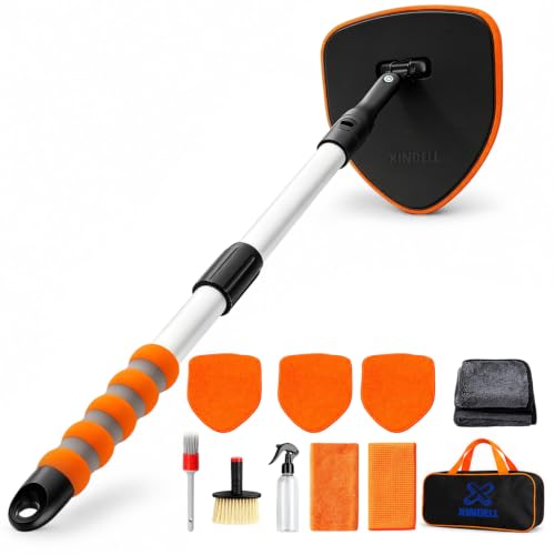 XINDELL Interior Windshield Cleaner Tool, Extendable Car Window Cleaning Kit with 360° Rotating Head, Interior Exterior Glass Cleaner for Cars Trucks SUVs, 10PCS with 3 Pads, Towels, Brushes & Bag | 360° Head, Extendable Handle, 3 Pads, 2 Brushes, 3 Towel