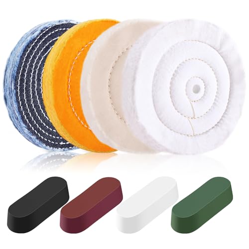 8PCS 6 Inch Buffing & Polishing Wheel Kit for Bench Grinder, 1/2" Arbor Hole, Denim/Yellow/White/Flannel Polishing Wheels with 4 Buffing Compound Set,Polishing Rouge Bars - style: 8pcs-6inch
