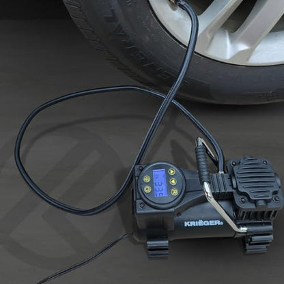 K KRIËGER Air Compressor Portable Tire Inflator 12V DC Air Pump for Car Tires with Digital Tire Pressure Gauge 120 Max PSI Preset Pressure Feature, LED, Digital Display Includes Storage Bag