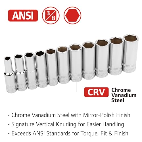 Ingersoll Rand 11-Piece 3/8 in. Drive Metric Deep Socket Set – 6-Point, Sizes 8mm to 19mm, Mirror-Polished Chrome Vanadium Steel with Vertical Knurling and Thermoform Tray – 752049X - size: 3/8 in. Drive Deep Socket Set, style: Metric