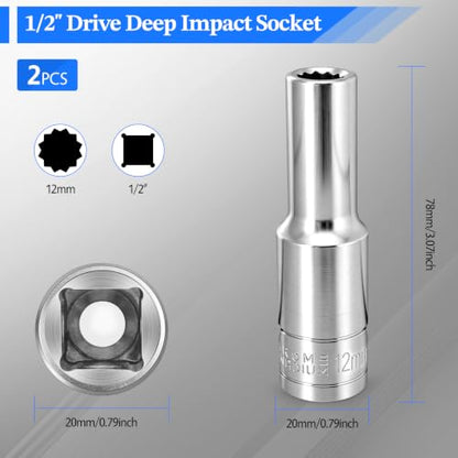 2 Pcs 1/2" Drive 12mm Deep Impact Socket | Anti-Rounding 12 Point Design, Square Chamfered Opening, Easy Removal of Axle Nut - color: Deep, size: 12mm