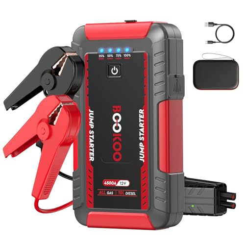 BOOKOO 4500A Jump Starter,H8 Portable Car Jump Starter Battery Pack for All Gas & 10L Diesel Engines,12V Car Battery Jumper Box with 3 Mode Flashlight with USB Qc3.0 Dual Output-Red