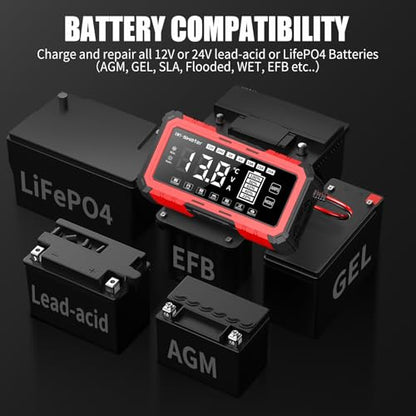 20A Smart Car Battery Charger & 12V/24V Maintainer with 200s Booster -Adjustable Amp Trickle Charger for Lead-Acid, AGM, Gel, LiFePO4 Compatible with 12.6V Lithium-Ion (NMC)