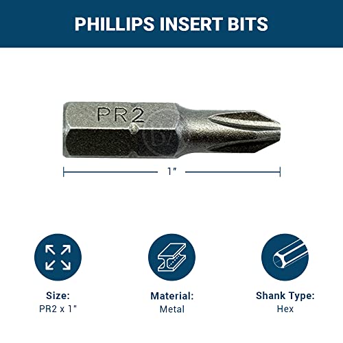 Benchmark Abrasives 1/4 Inch Hex Anti Slip Phillips Insert Screw Head Screwdriver Bits, Rotary Drill Bits for Repairing Electronics, Automotive Parts, Furniture (50 Pack) - (PR2 x 1") - size: PR2 x 1"