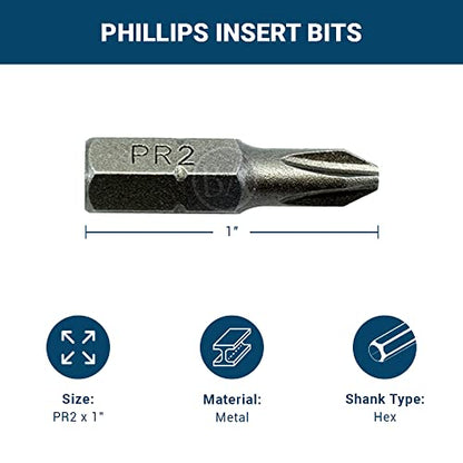 Benchmark Abrasives 1/4 Inch Hex Anti Slip Phillips Insert Screw Head Screwdriver Bits, Rotary Drill Bits for Repairing Electronics, Automotive Parts, Furniture (50 Pack) - (PR2 x 1") - size: PR2 x 1"