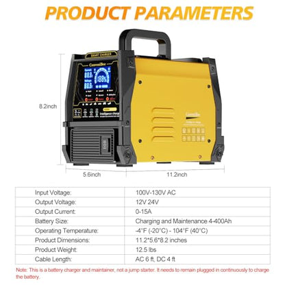 12V 24V Car Battery Charger Heavy Duty, 0-15A Automatic Battery Maintainer, 2026 Upgraded, Fast & Trickle Charge, Pulse Repair, for AGM Lead-Acid Deep Cycle, Car Truck Motorcycle RV Boat Lawn Mower