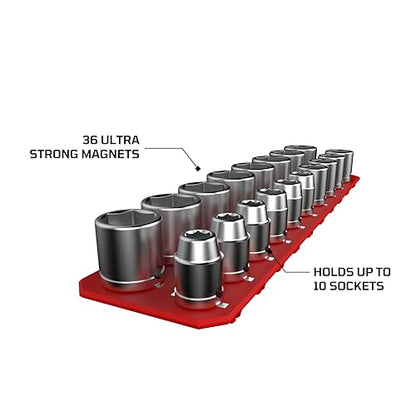 3/8" Magnetic Flexible Socket Holder Holds 18 Sockets Ultra-Flexible Non-Marring Low Profile Design - color: Red, size: 18 Sockets