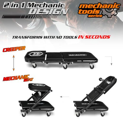 M-AUTO Foldable Z Creeper 2-in-1 Rolling Folding Car Creeper & Seat, 36" Adjustable Roller Garage Chair Lay Down or Sit, 330LBS Capacity Under Car Roller Creeper with 6 Swivel Casters, Black - color: Black, size: 36"