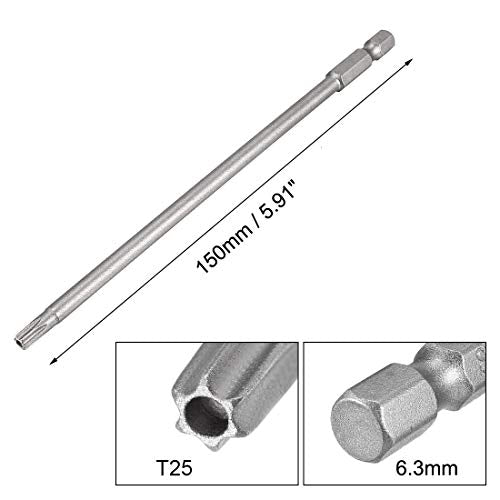 uxcell 5 Pcs T25 Magnetic Torx Screwdriver Bits, 1/4 Inch Hex Shank 5.9-inch Length S2 Security Tamper Proof Screw Driver Kit Tools - size: T25