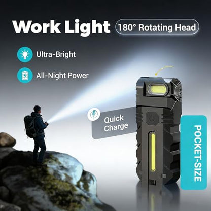 180° Rotating Head LED Work Light – Dual Beam, Magnetic Base & USB-C Rechargeable, Mini Keychain Light, Hands-Free Flashlight with Clip for Auto Repair, Mechanic, Camping, Emergency (2)