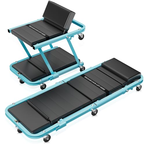Auto Dynasty 48" Z-Creeper Seat, 2-in-1 Foldable Garage Creeper Shop Seat, 330 LBS Capacity Automotive Mechanic Repair Under Car Rolling Creeper Seat, Sky Blue - color: Sky Blue, size: 48 Inch