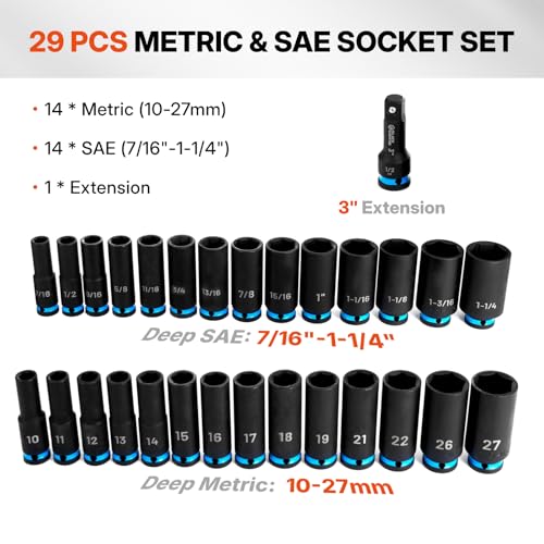 BLACK CANYON 29-Piece 1/2" Drive Deep Impact Socket Set, SAE & Metric 6-Point Sockets, Cr-Mo Impact Grade Steel, Includes 3" Extension Bar, Storage Case for Auto, Truck & Industrial Repair - size: 29 Piece