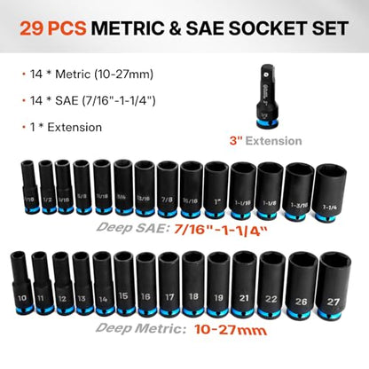 BLACK CANYON 29-Piece 1/2" Drive Deep Impact Socket Set, SAE & Metric 6-Point Sockets, Cr-Mo Impact Grade Steel, Includes 3" Extension Bar, Storage Case for Auto, Truck & Industrial Repair - size: 29 Piece