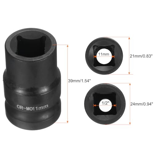 HARFINGTON 2pcs 4 Point Square Socket 1/2" Drive 11mm Metric Square Impact Socket CR-MO Blackening Standard Wheel Sockets Pneumatic Socket Tool for Auto Repair Mechanical Maintenance Home Use - size: 11mm