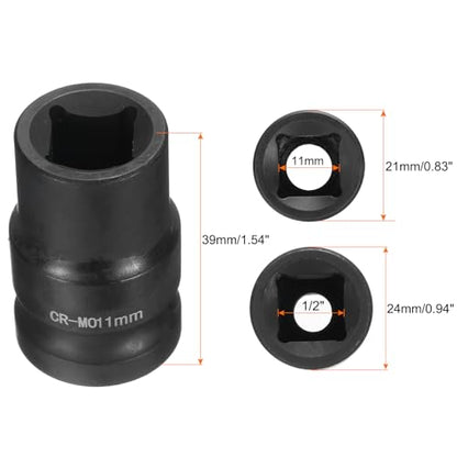 Generic 4 Point Square Socket 1/2" Drive 11mm Metric Square Impact Socket CR-MO Blackening Standard Wheel Sockets Pneumatic Socket Tool for Auto Repair Mechanical Maintenance Home Use