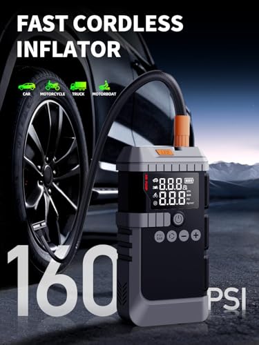 Portable Car Battery Jump Starter with Air Compressor (All Gas/12L Diesel) | 6000A Car Battery Booster with 45W Fast Charge,160PSI Auto-Shut Off Tire Inflator,LED Light, Jumper Cables,Golves - color: Black
