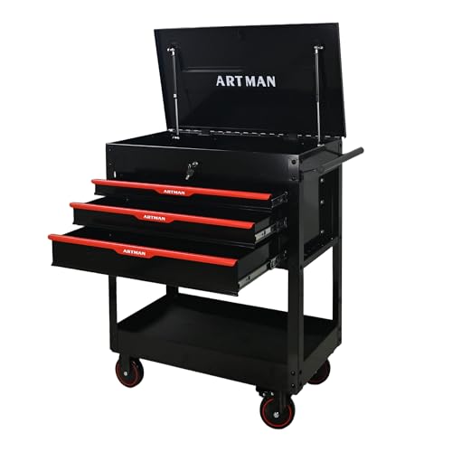 JOYBASE Rolling Tool Chest with Steel Top, Heavy Duty 3-Drawer Steel Mechanic Tool Cart with Wheels, Mobile Workbench Storage Cabinet for Garage, Workshop, Warehouse (Black & Red) - color: Steel Top - Black & Red