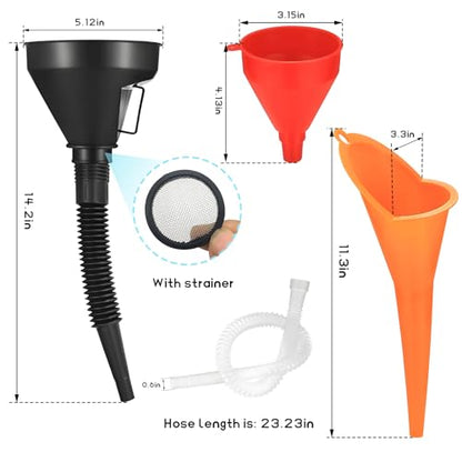 3PCS Automotive Funnels Set, Wide Mouth Fuel Funnels with Detachable Spout and Filter, Plastic Long Neck Oil Funnel Flexible Right Angle Funnel for Gasoline Coolant Water