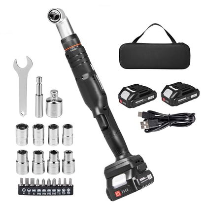 1/2" Brushless Right Angle Wrench 360 Rotating 160Nm, 2 Batteries | 6-Speed Control (800-3000 RPM), 4-Level LED Fuel Gauge, Includes 20pcs Sockets & Bits, 3500 IPM High Torque, Pro Tool Case