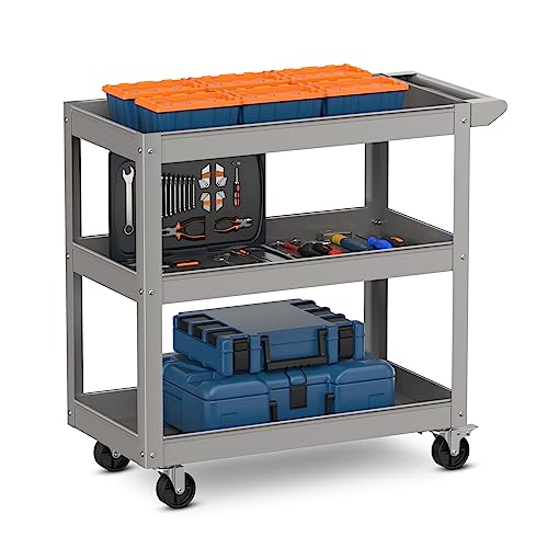 Goplus 3-Layer Service Utility Cart, Heavy Duty Unity Cart with Flat Handle, 2 Lockable Universal Wheel, 400 lbs Capacity, Rolling Tool Cart for Garage, Kitchen, Hotel, Office, Workshop Grey - color: Gray