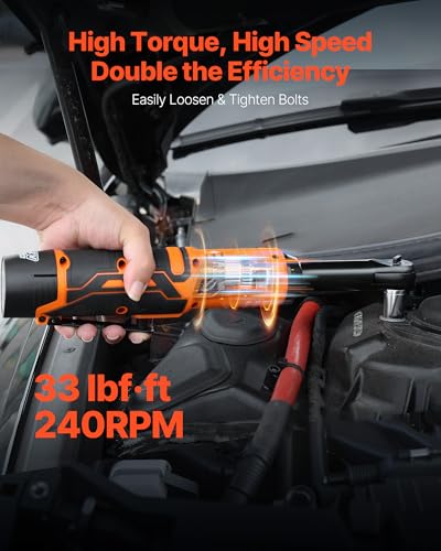 VEVOR Cordless Ratchet Wrench, 3/8 inch Drive, 240 RPM, up to 33 ft-lbs of Torque, Extended Battery Powered Electric Ratchet Wrench Set with Two Batteries, Charger, Sockets, Adaptor and Extension Bar