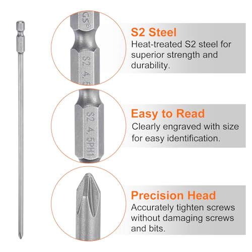 HARFINGTON 2pcs #1 Phillips Screwdriver Bit PH1 1/4" Hex Shank 8" (200mm) Long Magnetic S2 Steel Industrial Grade Screw Driver Bit Cross Head Electric Drill Bits 0.177" (4.5mm) Rod - size: PH1 x 200mm x 4.5mm