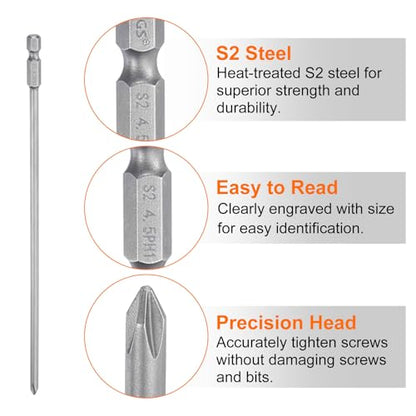 HARFINGTON 2pcs #1 Phillips Screwdriver Bit PH1 1/4" Hex Shank 8" (200mm) Long Magnetic S2 Steel Industrial Grade Screw Driver Bit Cross Head Electric Drill Bits 0.177" (4.5mm) Rod - size: PH1 x 200mm x 4.5mm
