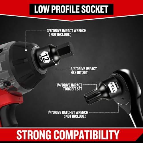 ZHAX Low Profile Impact Bit Socket Set, 28-Piece Stubby Torx, Hex & Spline Socket Set, 1/4", 3/8", 1/2" Drive, TT10-TT50, 6-19mm, M4-M18, CR-MO Steel with Tamper Proof Design