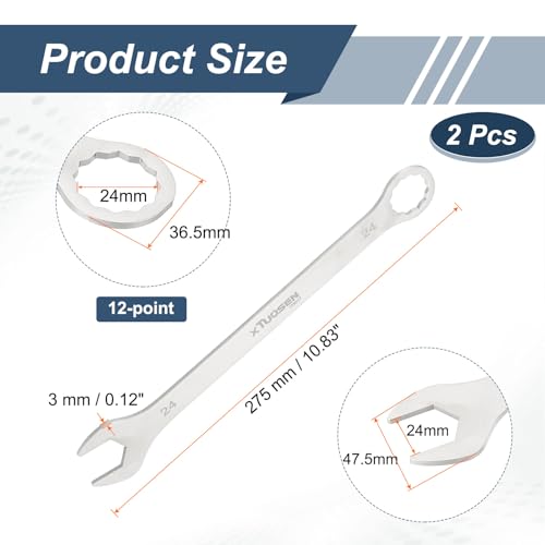HARFINGTON 2Pcs Super Thin Combination Wrench 24mm Metric 12-Point Box and Open End Stainless Steel Double Ended Spanner Tool for Automotive Pipe Furniture Machinery DIY Repair, Silver - size: 24mm