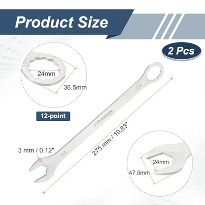 HARFINGTON 2Pcs Super Thin Combination Wrench 24mm Metric 12-Point Box and Open End Stainless Steel Double Ended Spanner Tool for Automotive Pipe Furniture Machinery DIY Repair, Silver - size: 24mm
