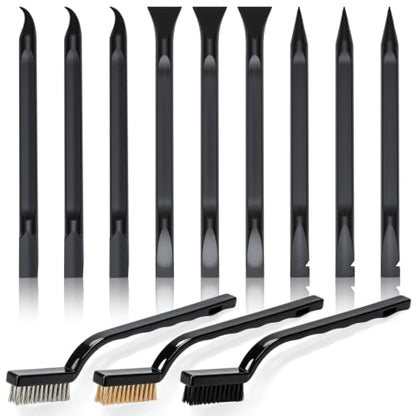 Car Detailing Pick Set 12 PCS Black Plastic Scraper Crevice Cleaning Tool | Automotive Interior Supplies, 9 Non Scratch Spudger Kits & 3 Wire Nylon Brass Brush Pack for Deep Automotive Gaps