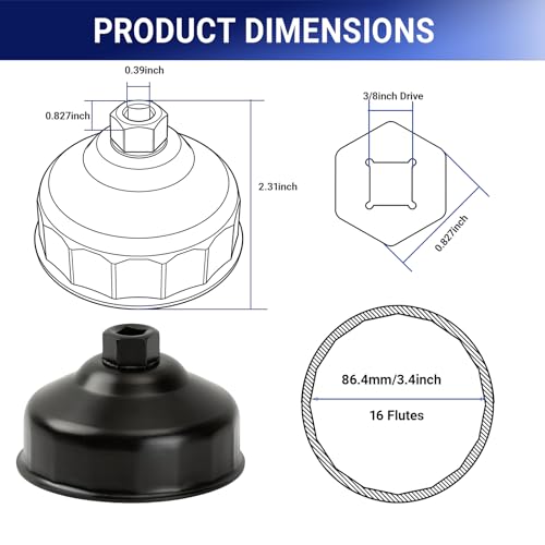 86mm 16 Flutes Oil Filter Wrench Replacement for BMW and Volvo, Oil Filter Socket Wrench Kit, Housing Caps to Change Oil Filter Cover Removal Tool