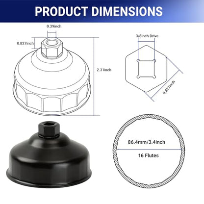 86mm 16 Flutes Oil Filter Wrench Replacement for BMW and Volvo, Oil Filter Socket Wrench Kit, Housing Caps to Change Oil Filter Cover Removal Tool