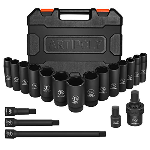 ARTIPOLY 1/2" Drive SAE Deep Impact Socket Set, 19 Piece Cr-V Steel Socket Set SAE Size 3/8" to 1-1/4", Includes Extension Bars, Universal Joint and Adapter, 6 Point Design, Meets ANSI Standards - style: 1/2" socket set SAE