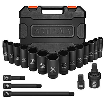ARTIPOLY 1/2" Drive SAE Deep Impact Socket Set, 19 Piece Cr-V Steel Socket Set SAE Size 3/8" to 1-1/4", Includes Extension Bars, Universal Joint and Adapter, 6 Point Design, Meets ANSI Standards - style: 1/2" socket set SAE