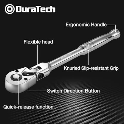 DURATECH 1/4" Drive Flex-Head Ratchet | 72-Tooth Ratchet Wrench, Quick-release, Reversible Switch, Full-Polished Chrome Plating, Alloy Steel - size: 1/4" Drive
