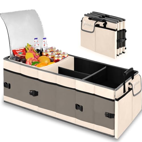 Trunk Organizer with Built-in Insulated Leak Proof Cooler Bag,Collapsible Cargo Organizer for SUV with Non Slip Bottom Strips,3 Large Compartments Foldable Waterproof Portable Car Storage Box - color: Khaki with Cooler Bag
