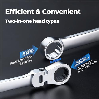 toolant Extra Long Ratcheting Wrench, Flex Head & Fixed Offset Head Double Box End Combination Wrench, CR-V Steel, Metric 15mm - size: 15 mm
