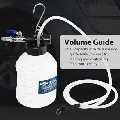 FIRSTINFO Patented 33 oz Vacuum Brake Bleeder, Hands-Free Operation | Pneumatic operation • Lever valve design • Universal rubber adapter • 59 in hose • Brake/clutch service • Made in Taiwan - size: 1L