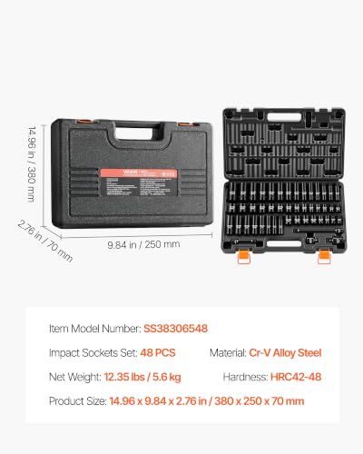 VEVOR Impact Socket Set, 3/8" Drive, 48-Piece Socket Set, 6-Point Sockets, SAE 5/16"-3/4" and Metric 8-19 mm, 21-22 mm, Easy to Identify, Cr-V Alloy Steel, Extension Bar, Adapter and Storage Cage - size: 3/8" 48 PCS
